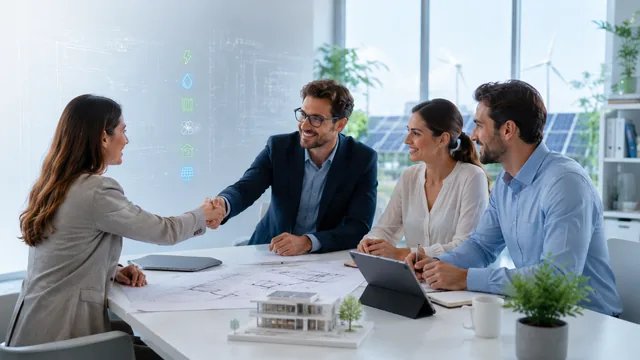 Team professionale in riunione con cliente e tavole progettuali.