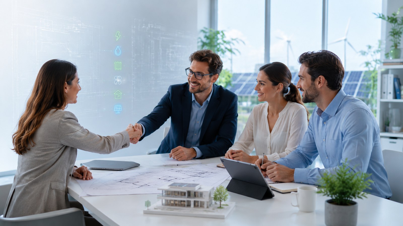 Team professionale in riunione con cliente e tavole progettuali.