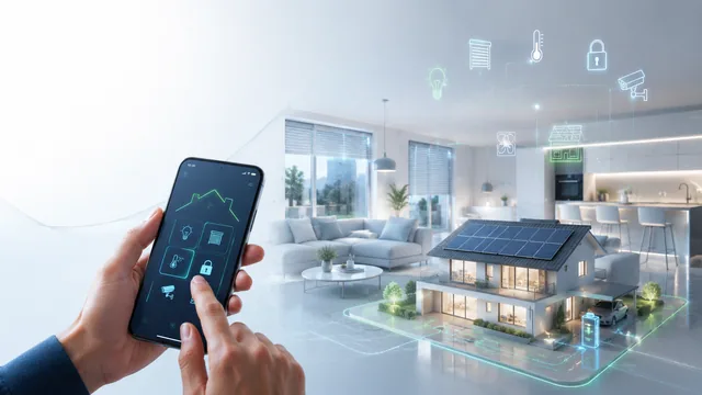 Controllo smart home da smartphone con gestione di luci, clima e sicurezza.