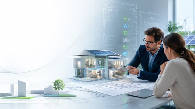 Consulente tecnico che presenta un progetto casa con impianti integrati e fotovoltaico.