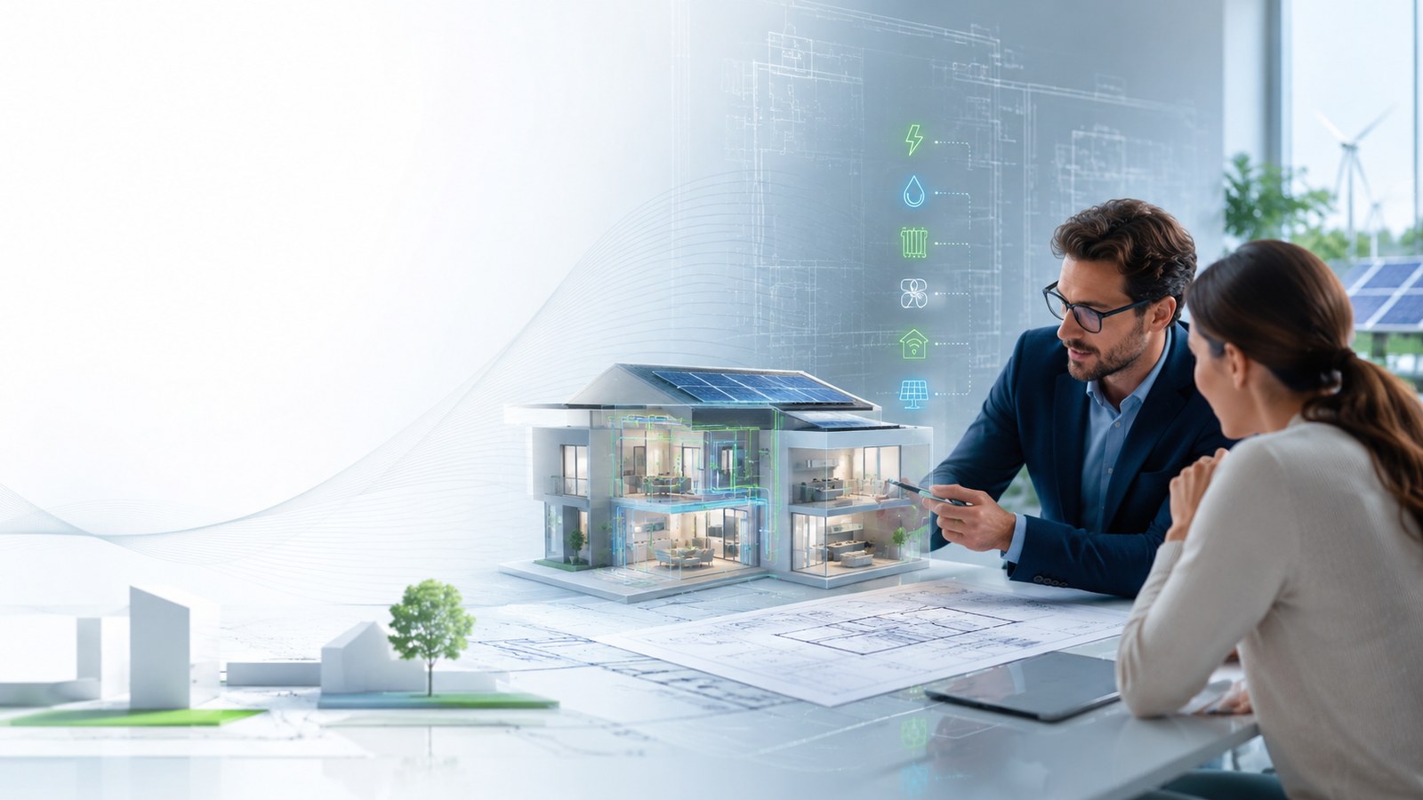 Consulente tecnico che presenta un progetto casa con impianti integrati e fotovoltaico.