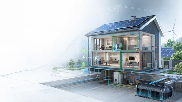 Casa moderna in sezione con impianti elettrici, idrici, termici e fotovoltaico.
