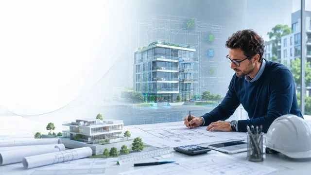 Tecnico al lavoro su elaborati e modello digitale di edificio.